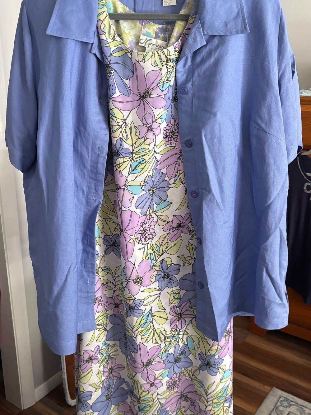 Dress Barn Lavender Floral Maxi Dress with Periwinkle Button-Up Shirt